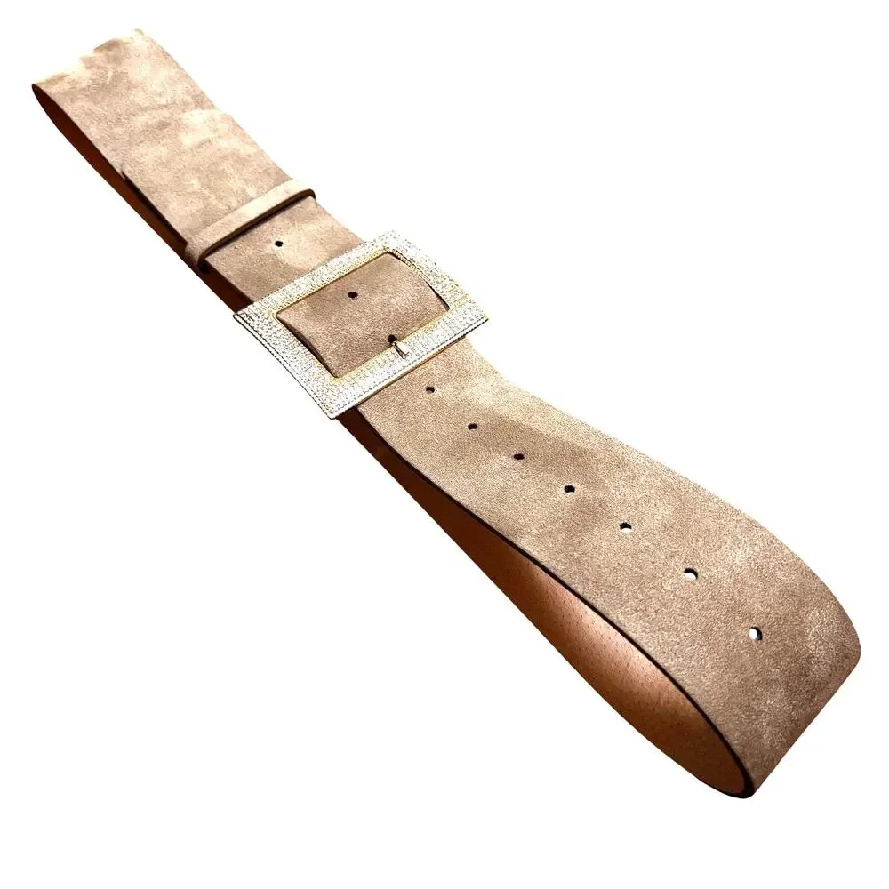 Wide ladies faux suede fashion belt rose gold buckle & clear white rhinestones
